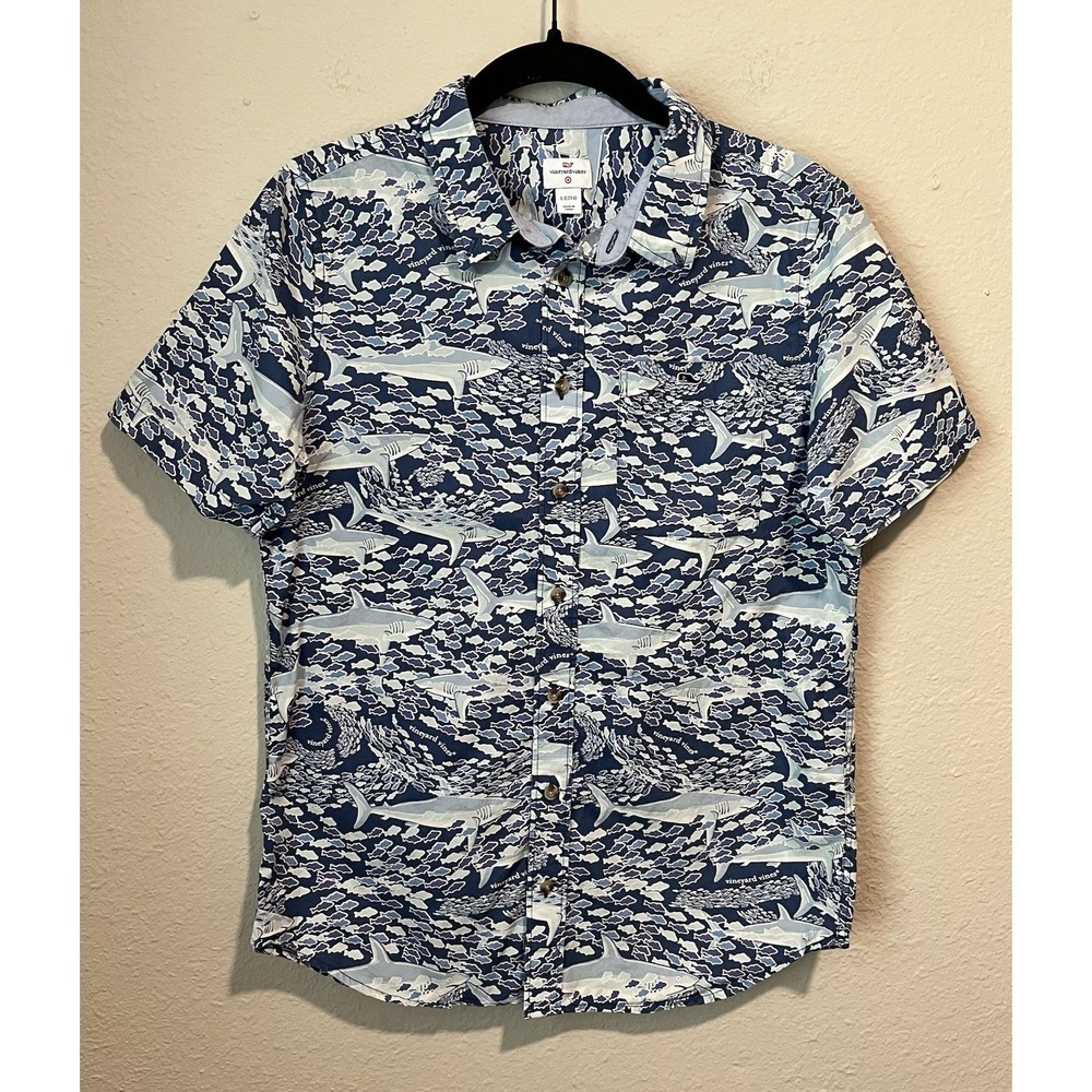 Vineyard Vines Target Boys Shirt L (12/14) Shark Print Short Sleeve Blue Cotton